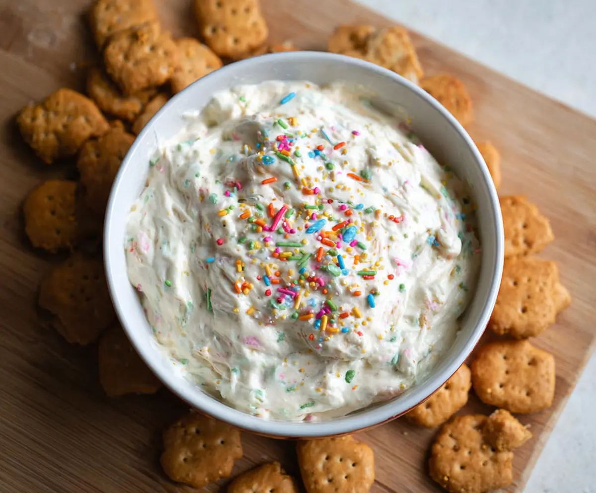Creamy homemade Dunkaroo Dip served with colorful cookies, perfect for snack time.