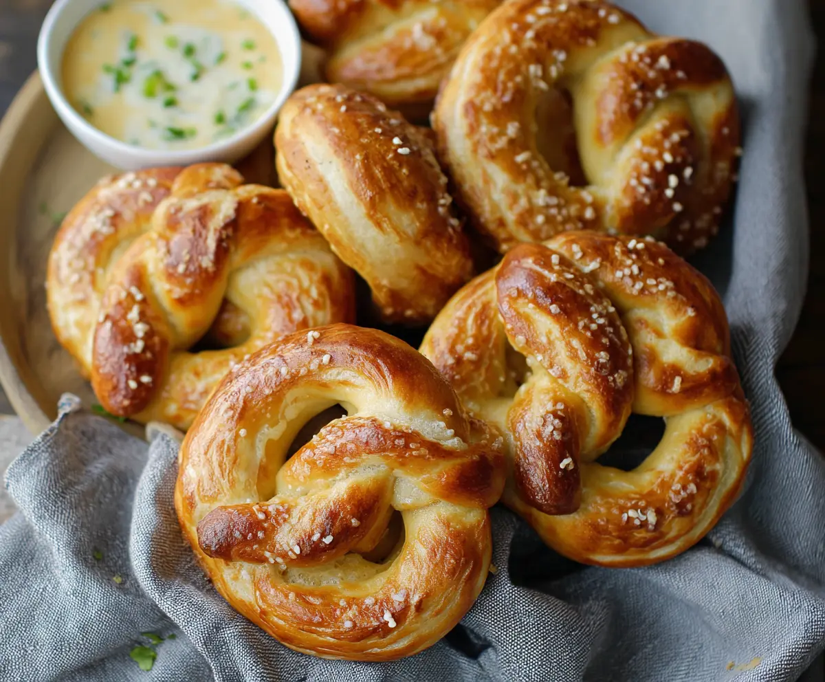 Golden homemade pretzels served with creamy queso cheese dip, perfect for snacking.