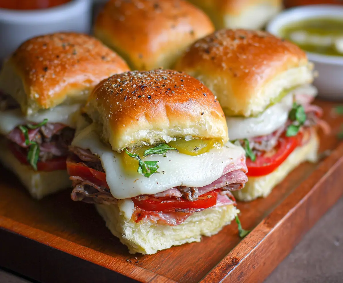 Delicious Hot Italian Sub Sliders with melted cheese, pepperoni, and Italian herbs served on a toasted bun.
