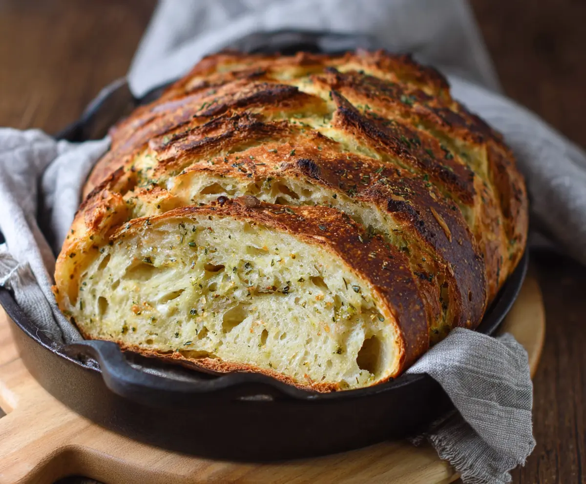 Freshly baked Italian herb and cheese sourdough bread with herbs and melted cheese topping.