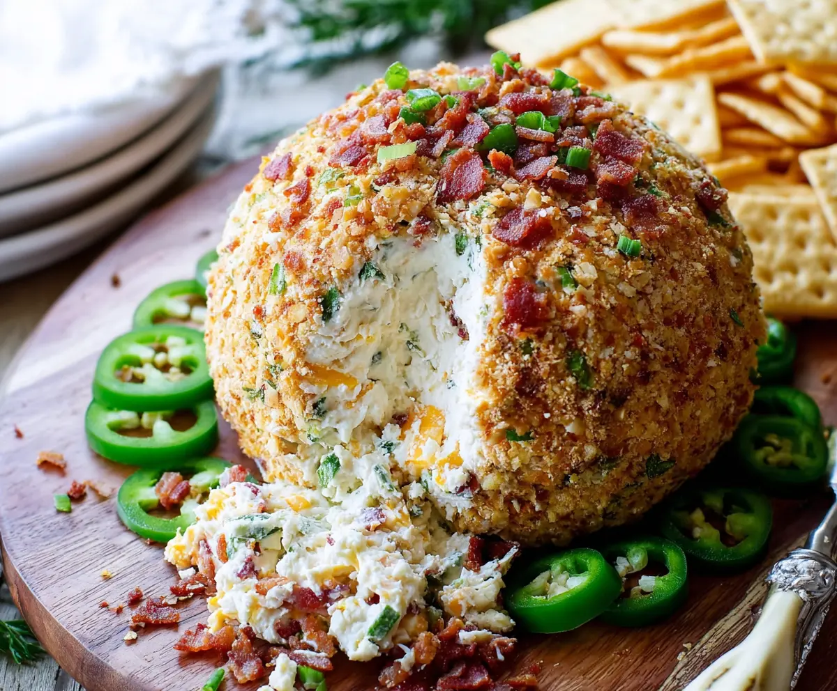 Creamy Jalapeno Popper Cheese Ball garnished with chopped green herbs, perfect for appetizer parties.
