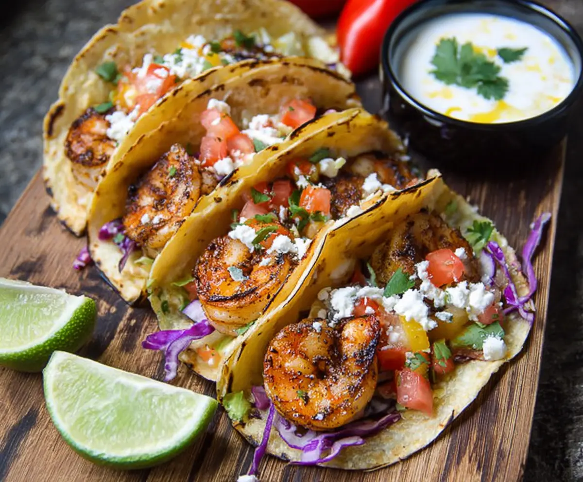 Delicious jerk shrimp tacos with spicy marinade, fresh toppings, and soft corn tortillas.