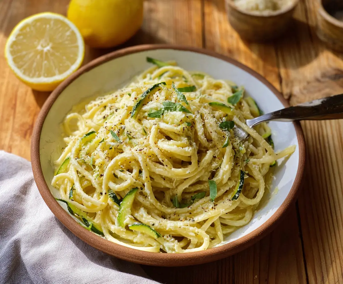 Fresh Lemon Zucchini Pasta with vibrant green zucchini and zesty lemon slices, served as a healthy vegetarian dish.