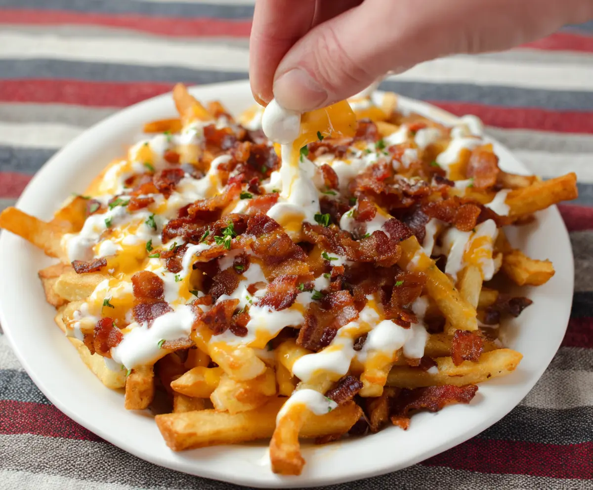 Delicious loaded bacon ranch French fries topped with crispy bacon, creamy ranch sauce, and melted cheese.