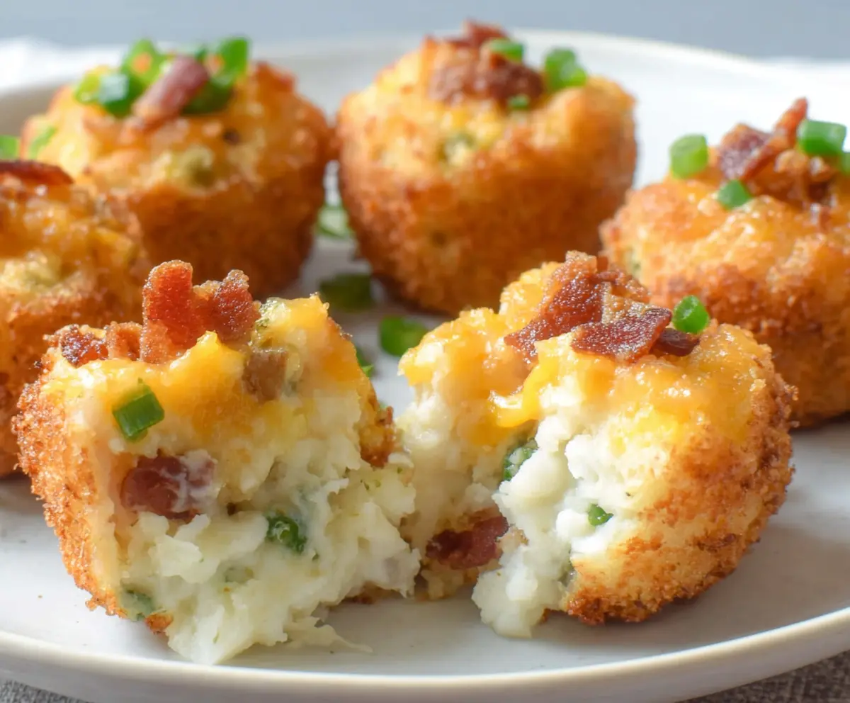 Delicious loaded mashed potato bites topped with cheese and bacon on a white plate.