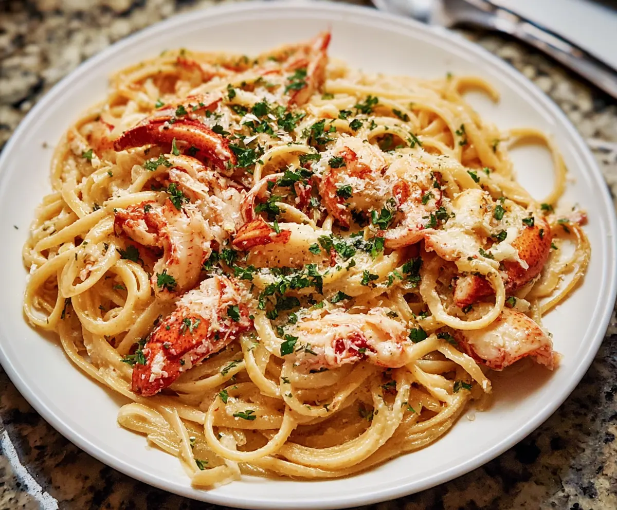 Delicious lobster pasta dish with fresh seafood and al dente noodles on a rustic plate