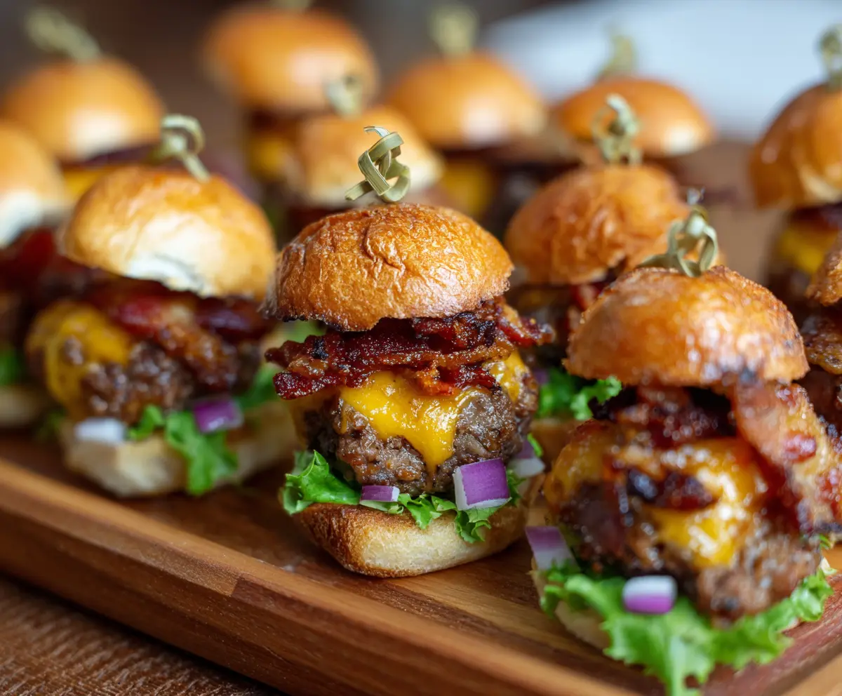 Delicious mini bacon cheeseburger bites on a platter, perfect for parties and appetizers.