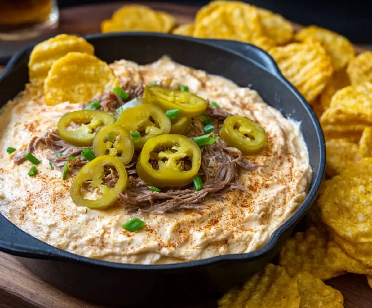 Delicious Mississippi Pot Roast Dip served with fresh vegetables and chips. Perfect appetizer for parties.