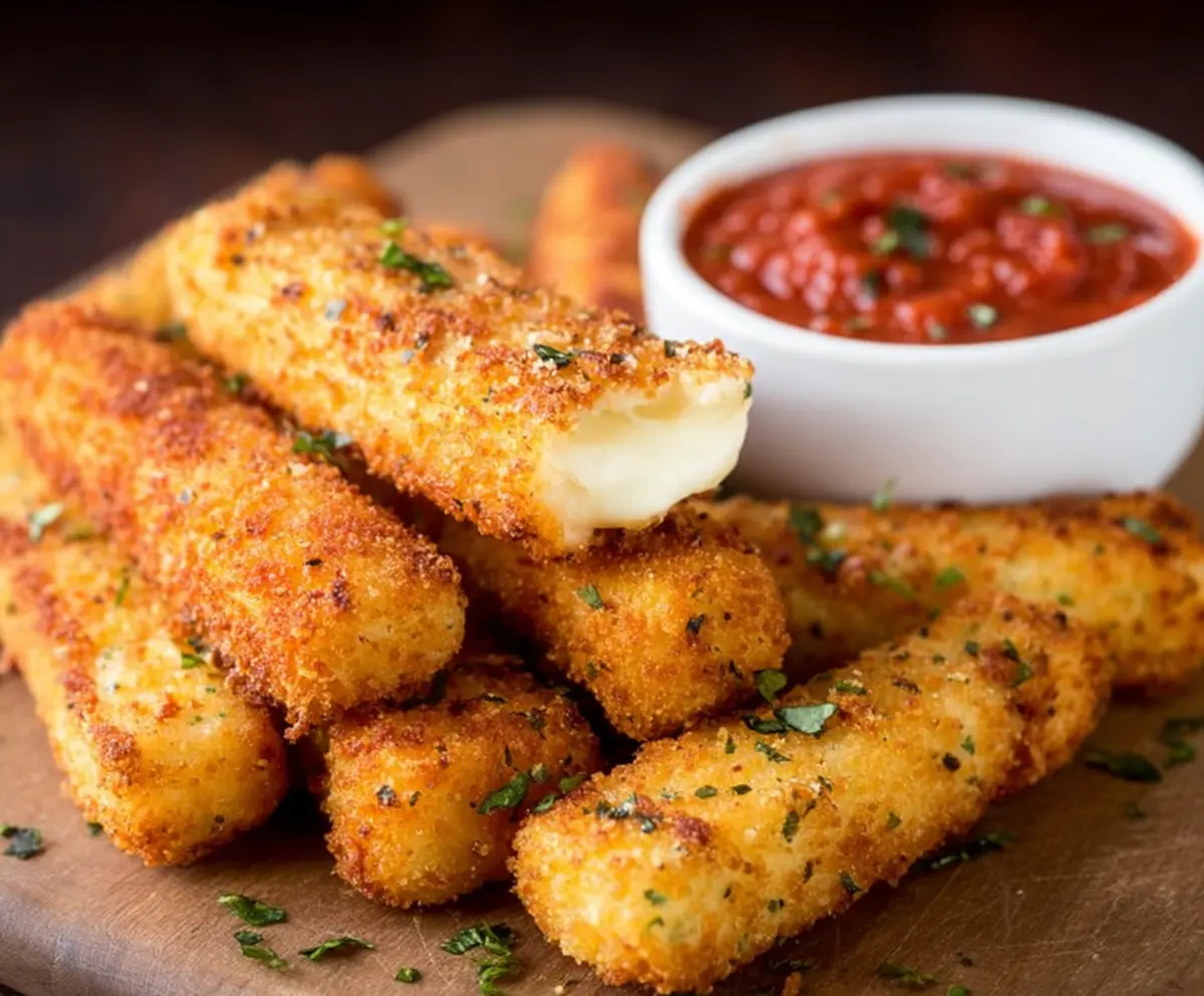 Crispy mozzarella sticks served with a side of tangy marinara sauce in a white bowl, perfect for snack or appetizer.