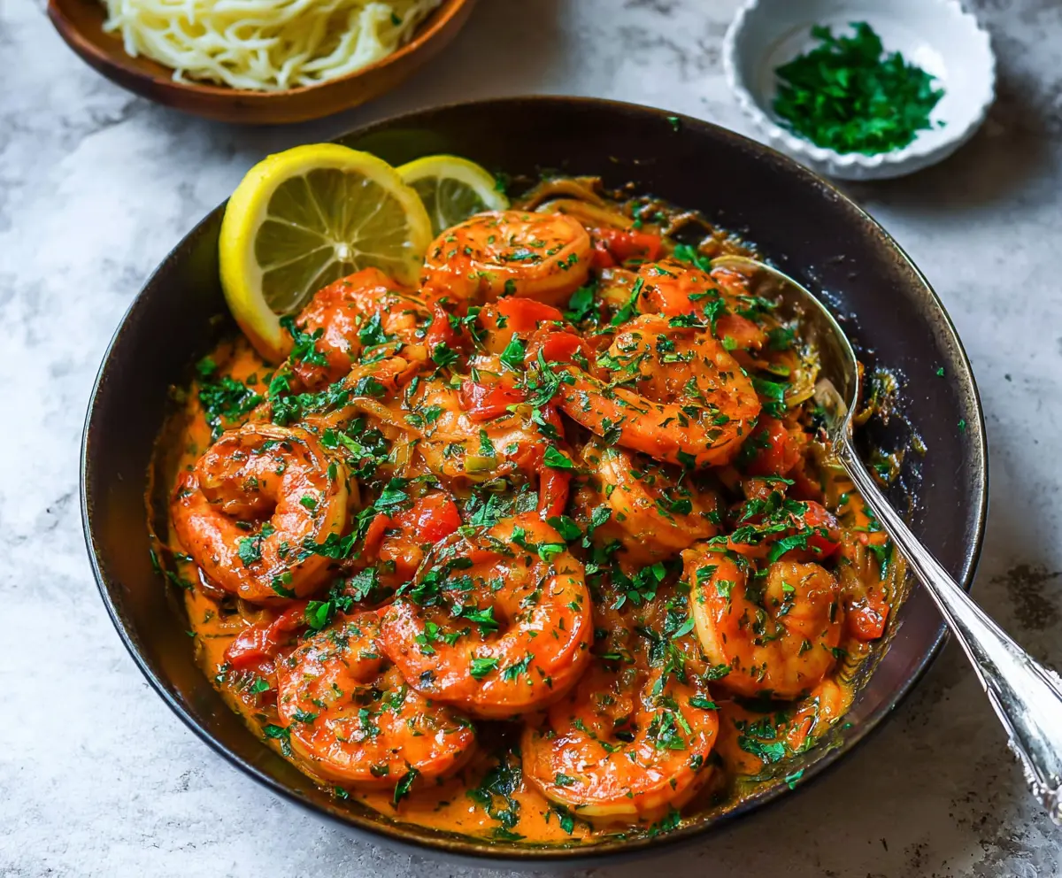 Delicious paprika shrimp skillet garnished with fresh herbs on a rustic plate.