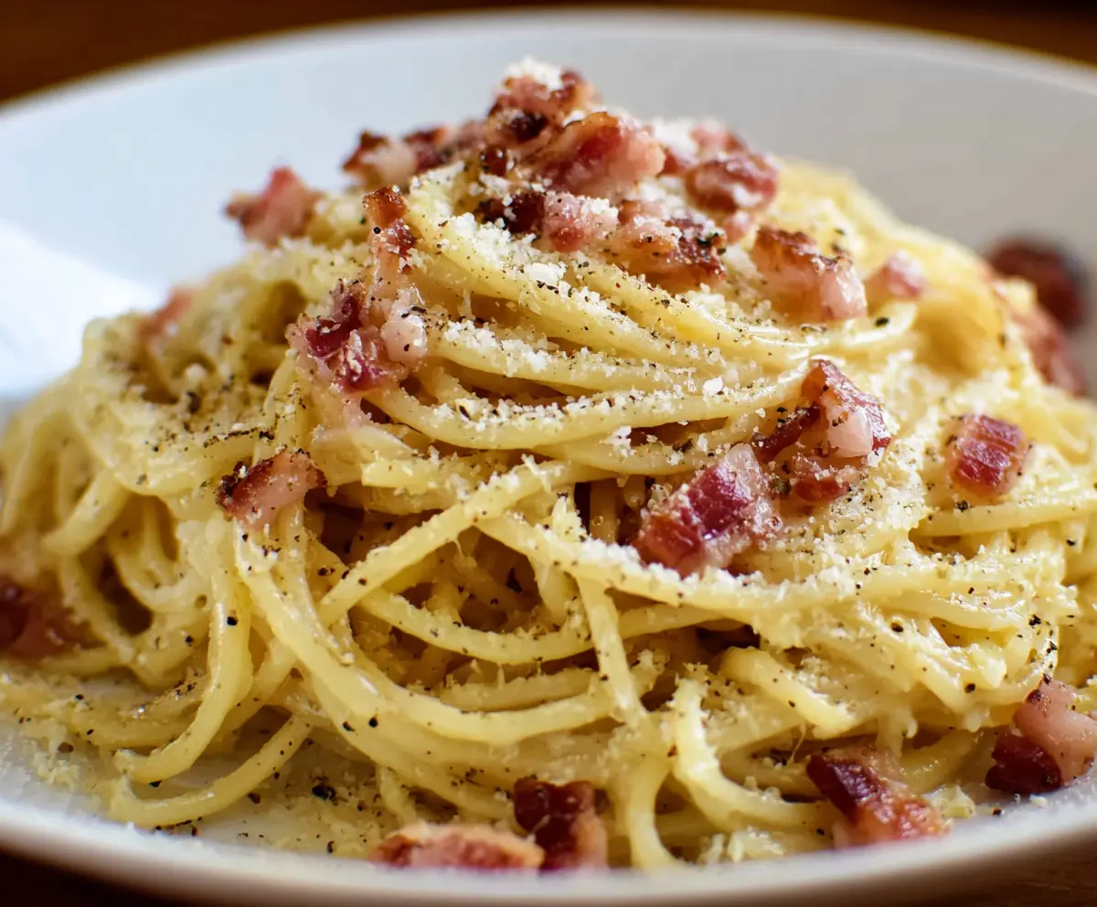 Creamy Pasta Carbonara with Crispy Pancetta and Parmesan Cheese