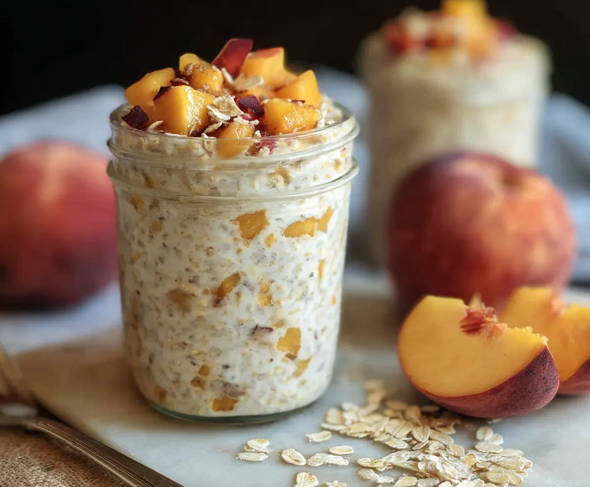 Delicious Peach Cobbler Overnight Oats in a glass jar topped with fresh peach slices and cinnamon.