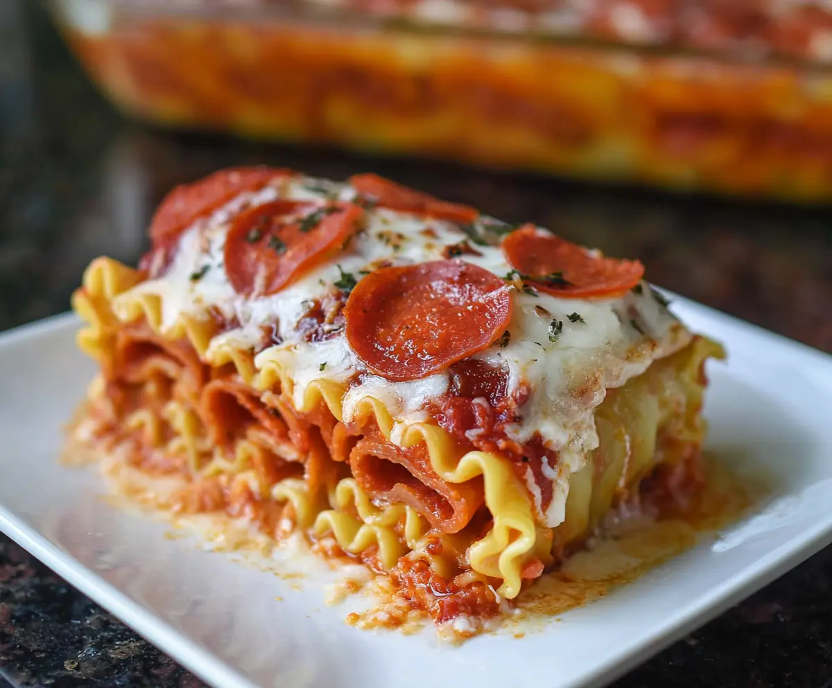 Delicious Pepperoni Pizza Lasagna Roll Ups with melted cheese and crispy edges on a serving plate.
