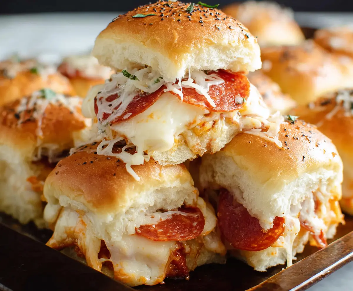 Delicious pepperoni pizza sliders with melted cheese and crispy crust on a rustic wooden table.
