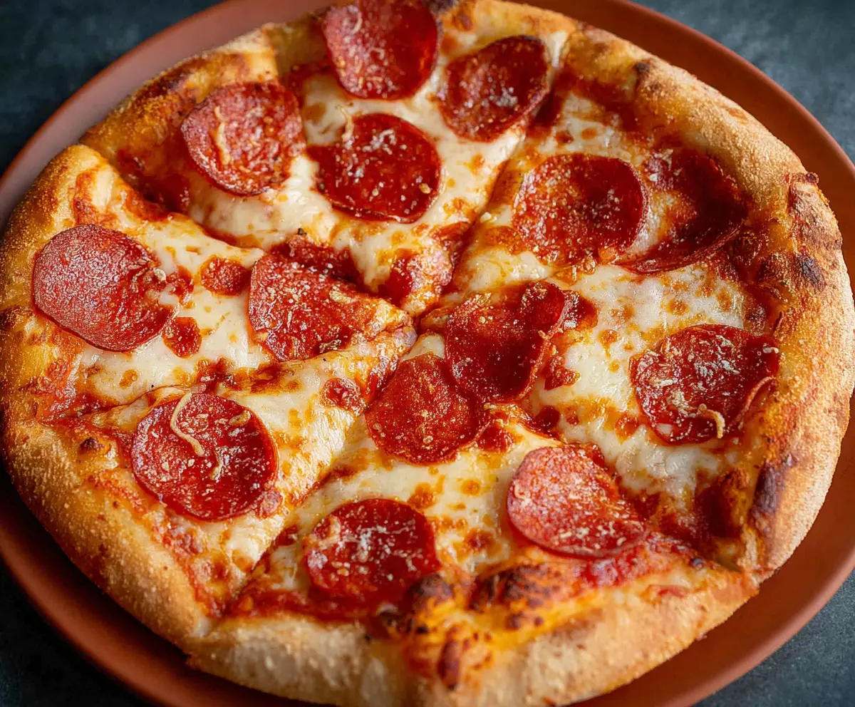 Delicious pepperoni pizza fresh out of the oven with melted cheese and crispy crust.