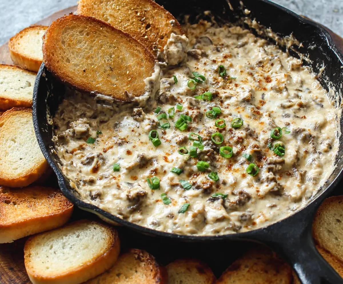Delicious Philly Cheesesteak Dip with melted cheese and tender beef served with chips