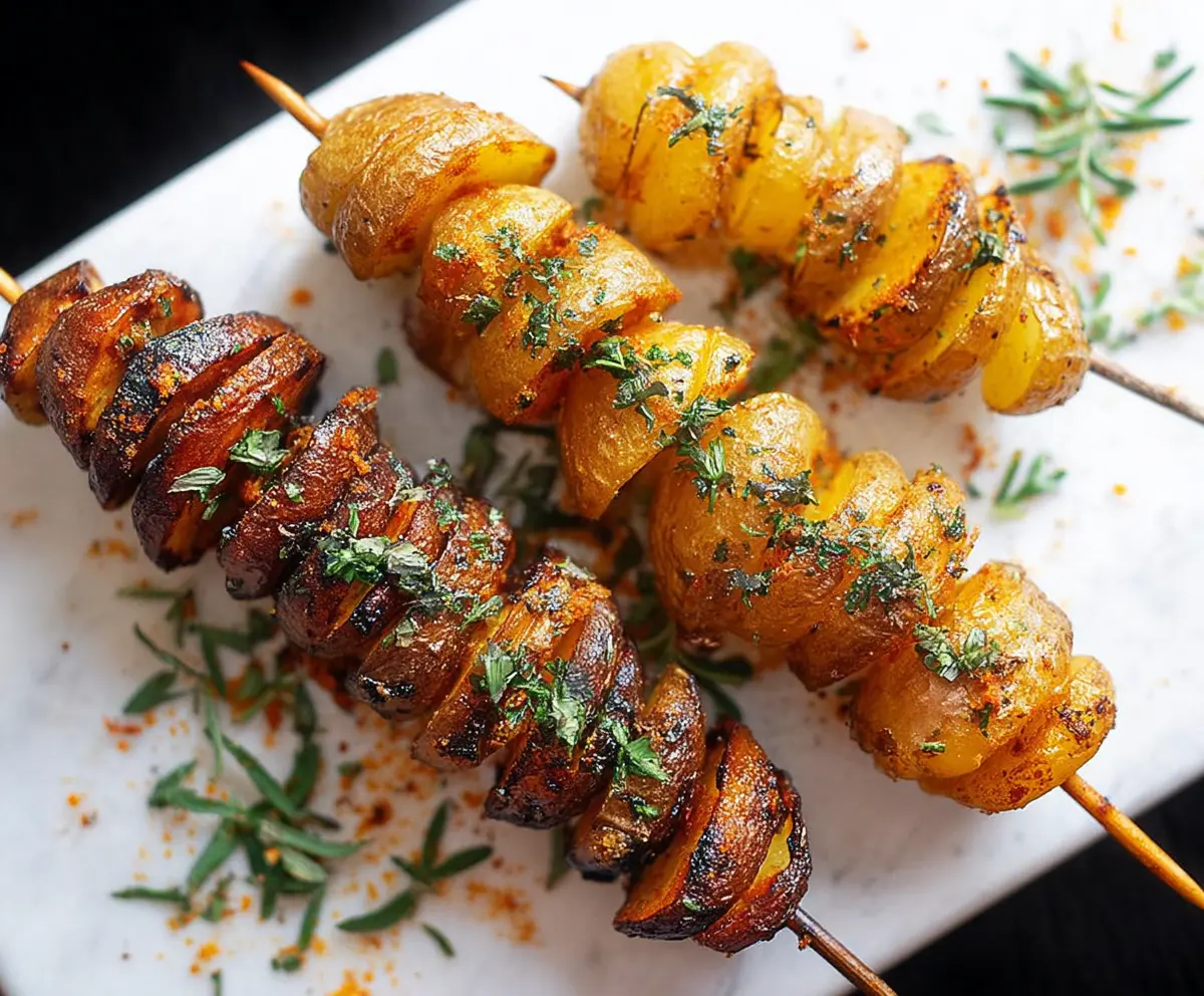 Delicious potato skewers grilled to perfection, ideal for a tasty snack or appetizer