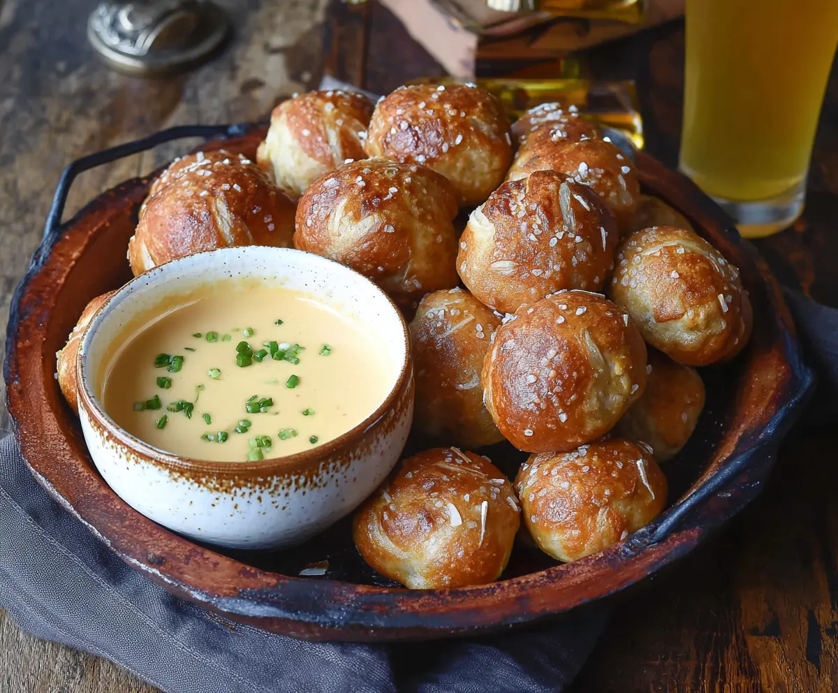 Golden pretzel bites served with creamy beer cheese dip on a rustic platter.