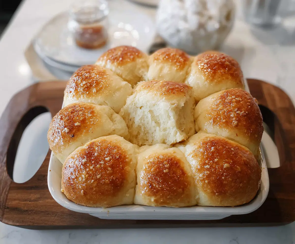 Delicious pull apart sourdough dinner rolls fresh from the oven, golden brown and fluffy.