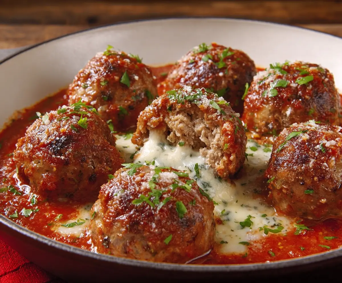 Delicious queso-stuffed meatballs on a serving plate, perfect for appetizer or snack.