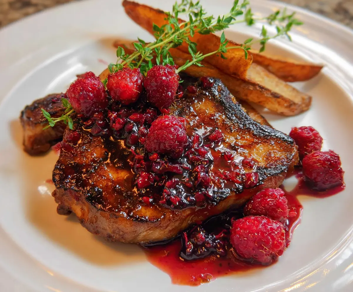 Juicy pork chops glazed with fresh raspberry sauce served on a plate.