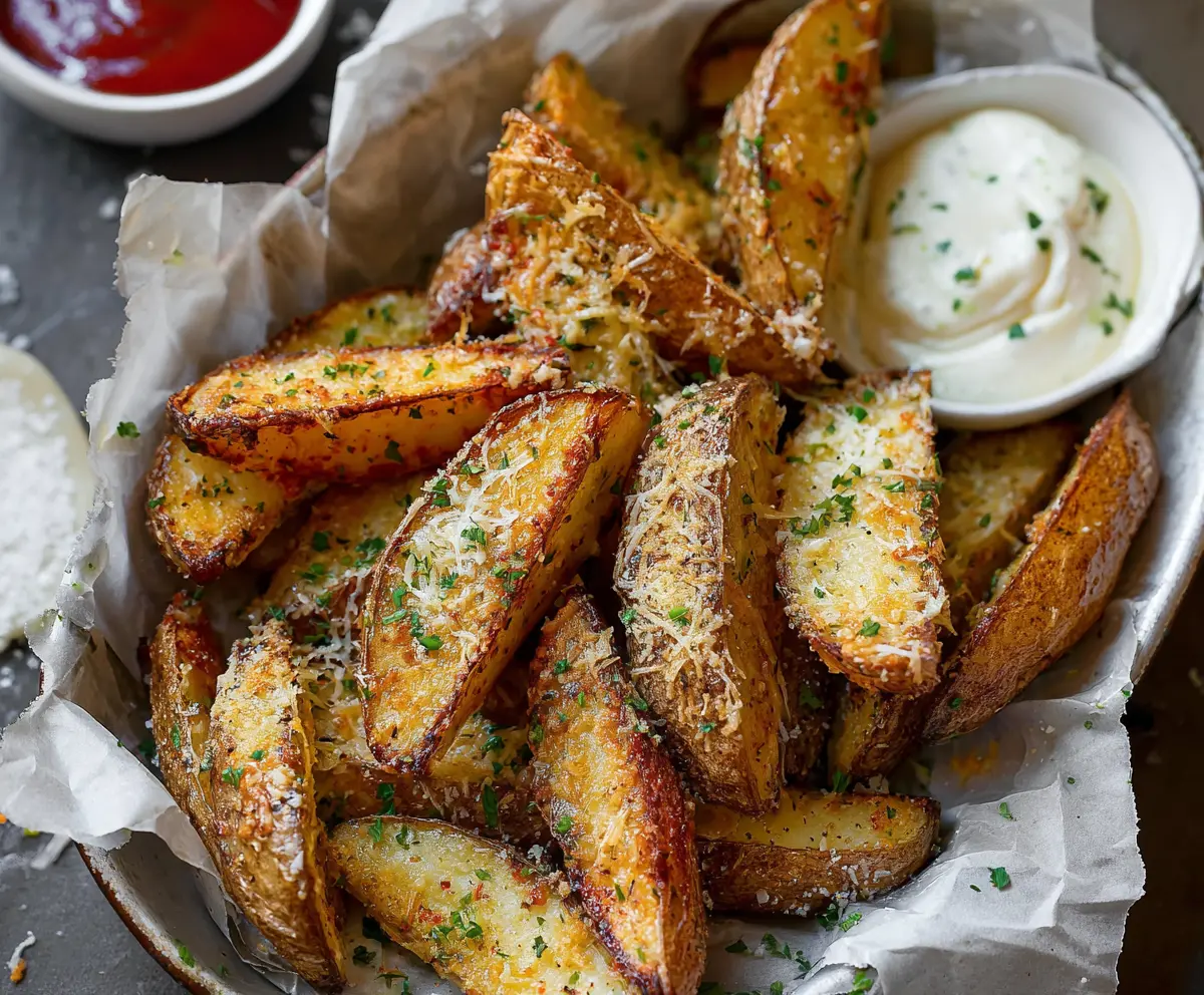 Crispy roasted garlic Parmesan potato wedges served on a plate.