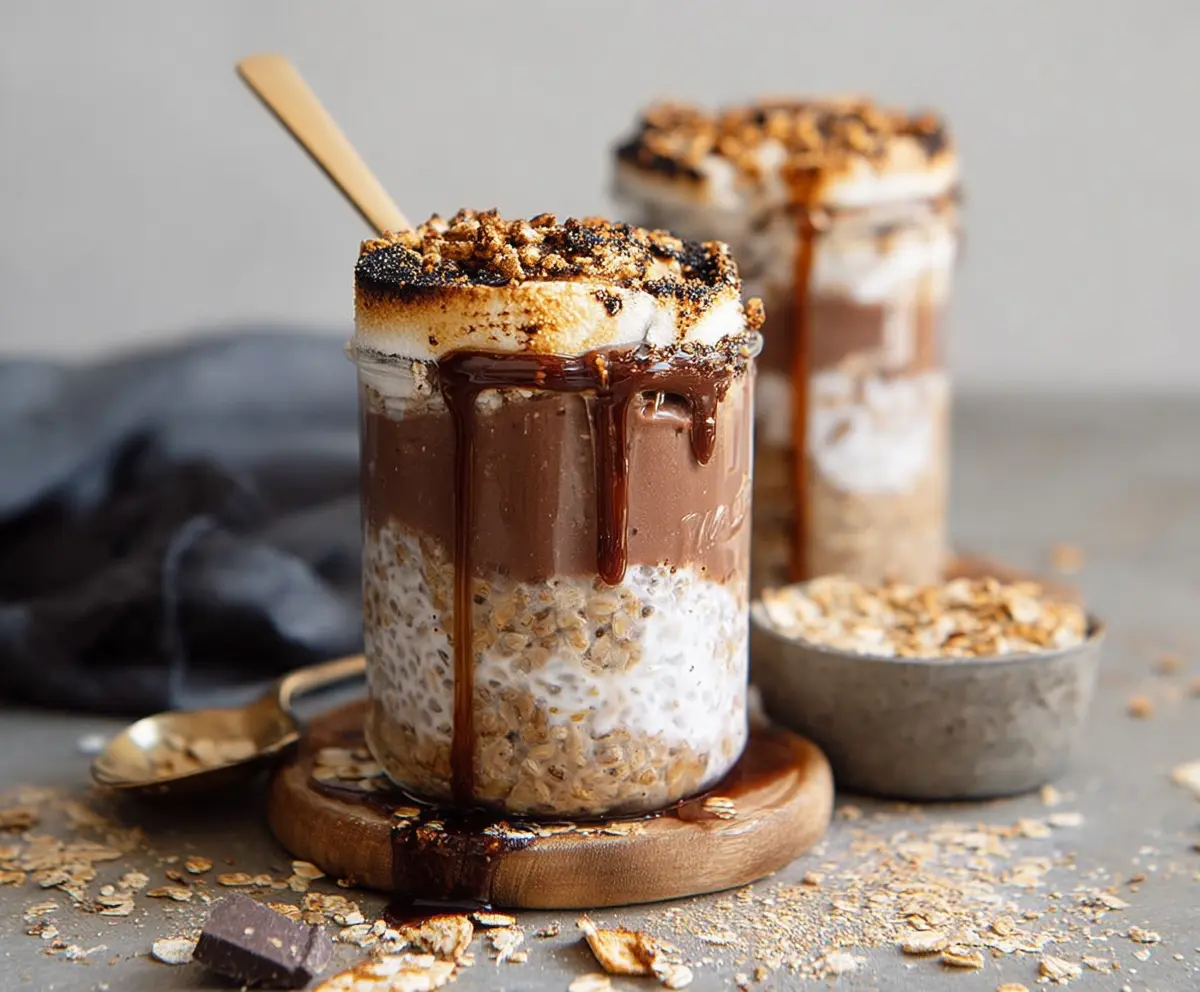 Creamy S'mores Overnight Oats topped with chocolate and marshmallows in a glass jar