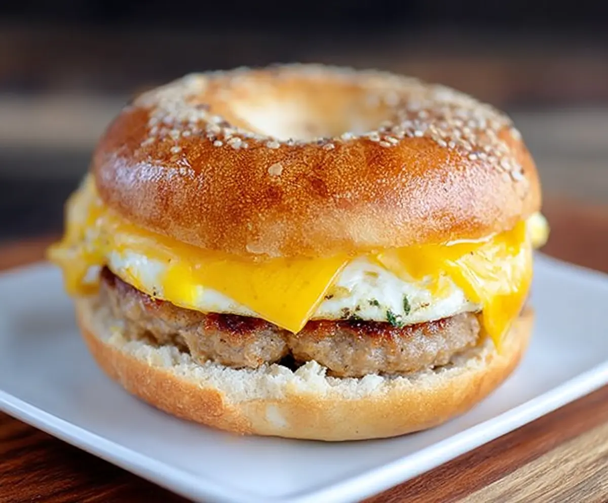 Delicious sausage and egg breakfast bagel sandwich ready to enjoy.