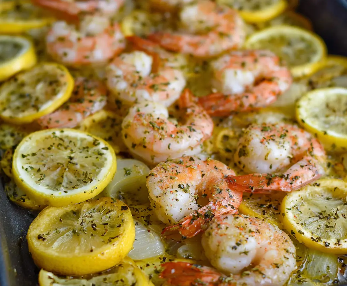 Delicious sheet pan lemon herb shrimp with fresh herbs and bright lemon slices.