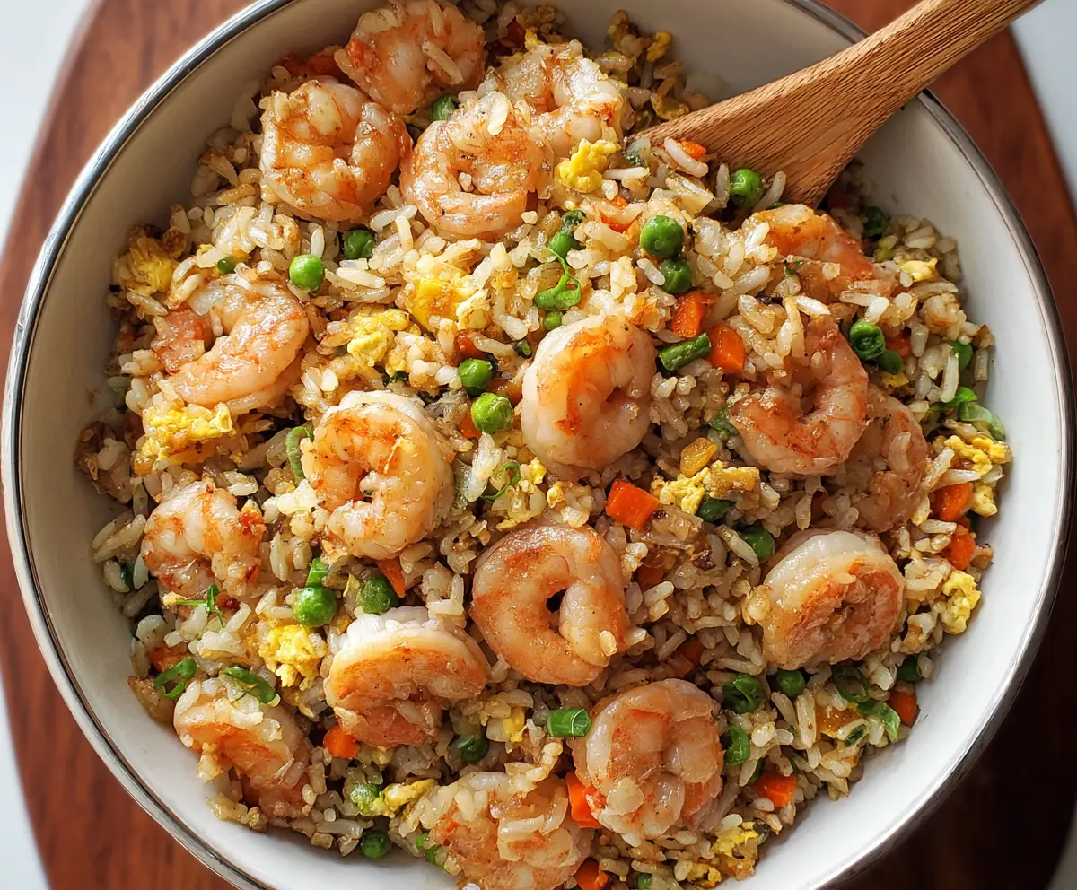 Delicious shrimp fried rice garnished with green onions on a plate.