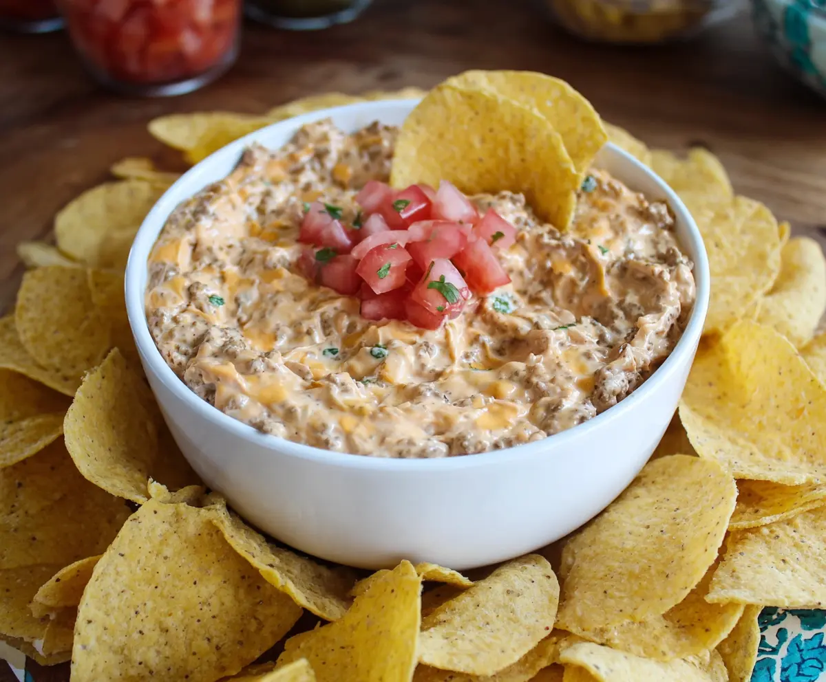 Delicious Slow Cooker Big Mac Dip in a bowl with layers of sauce, cheese, and ground beef, perfect for parties.