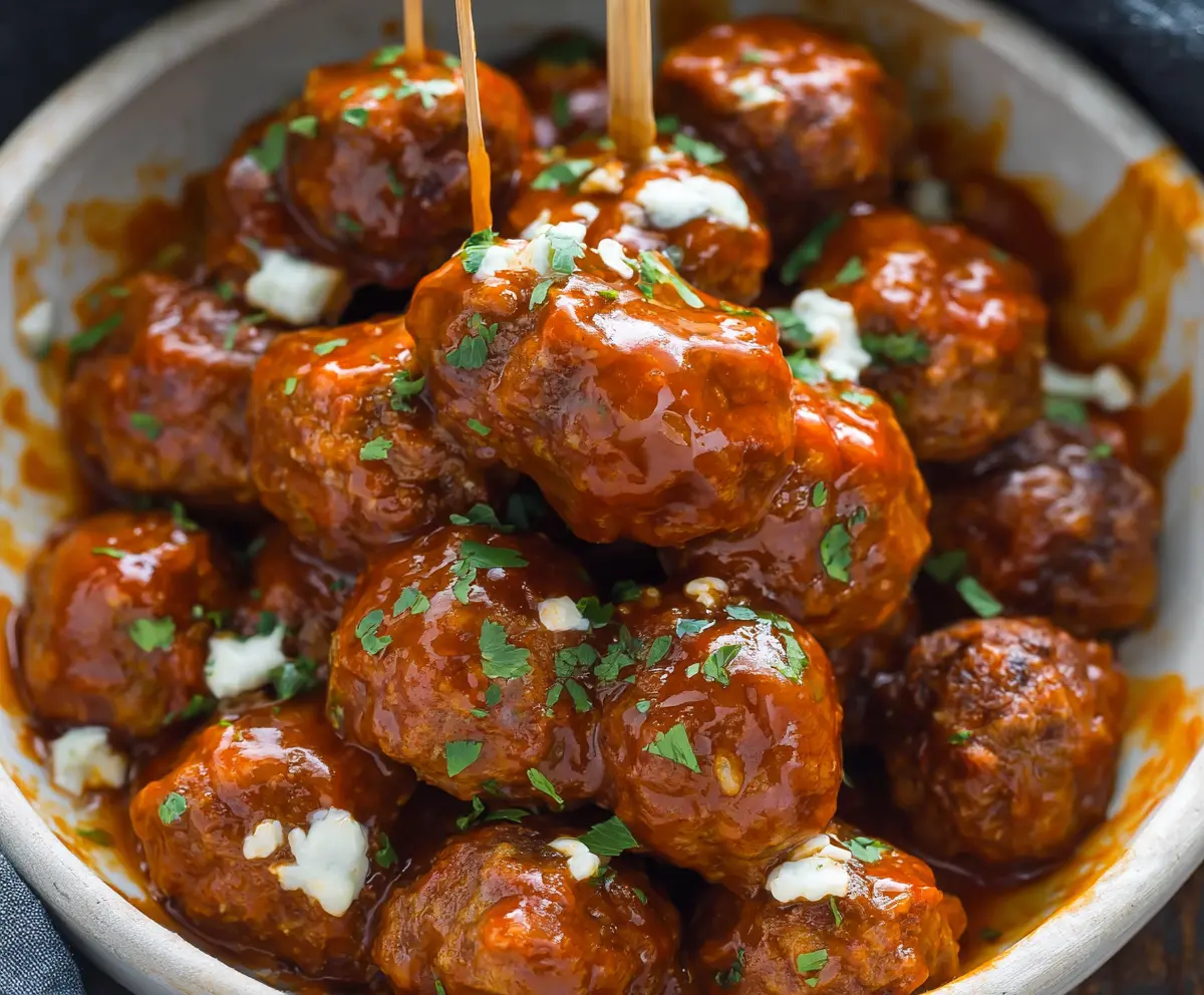 Delicious slow cooker honey buffalo meatballs garnished with fresh herbs on a serving plate.