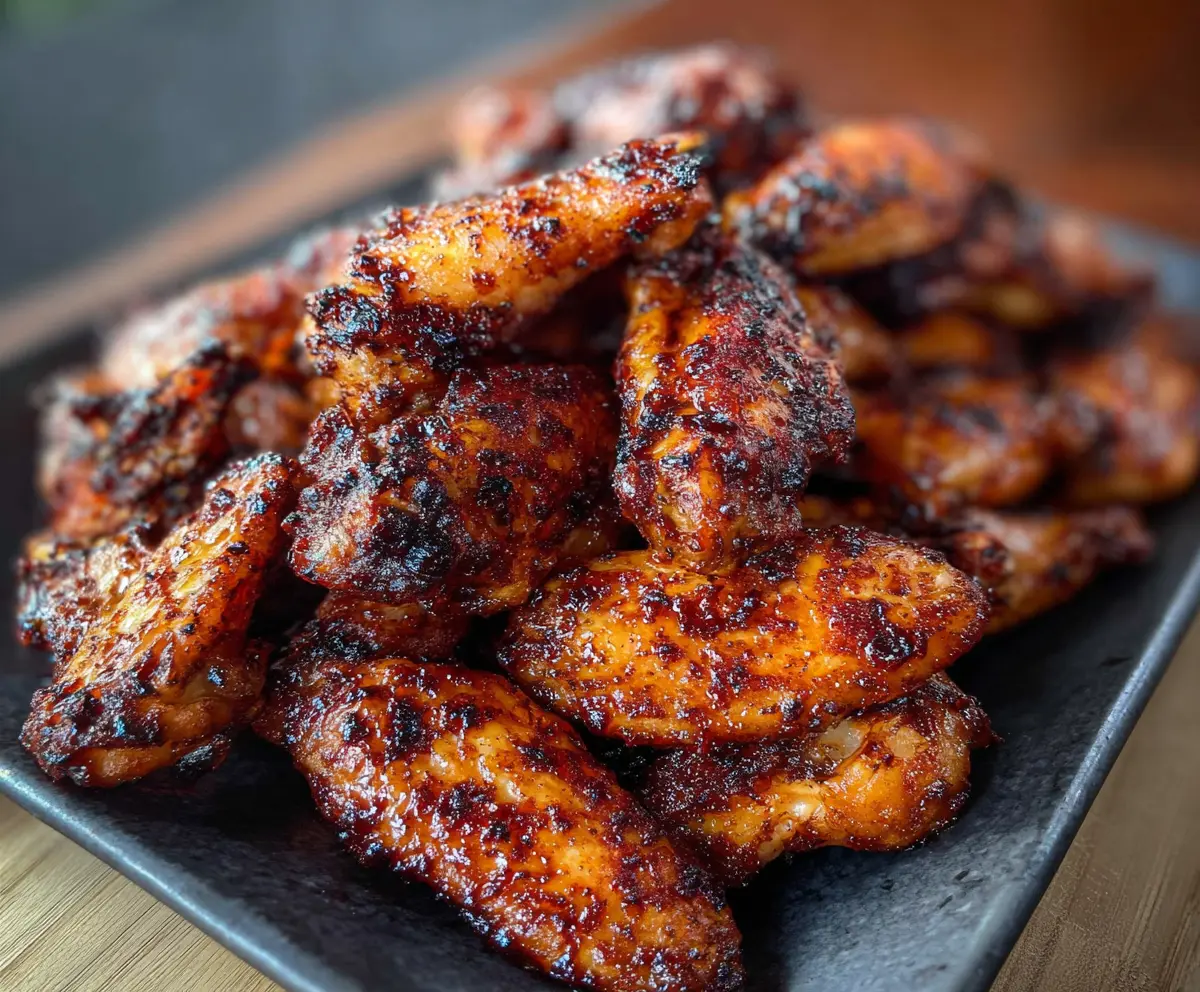Juicy smoked chicken wings garnished with herbs on a rustic platter perfect for barbecues.