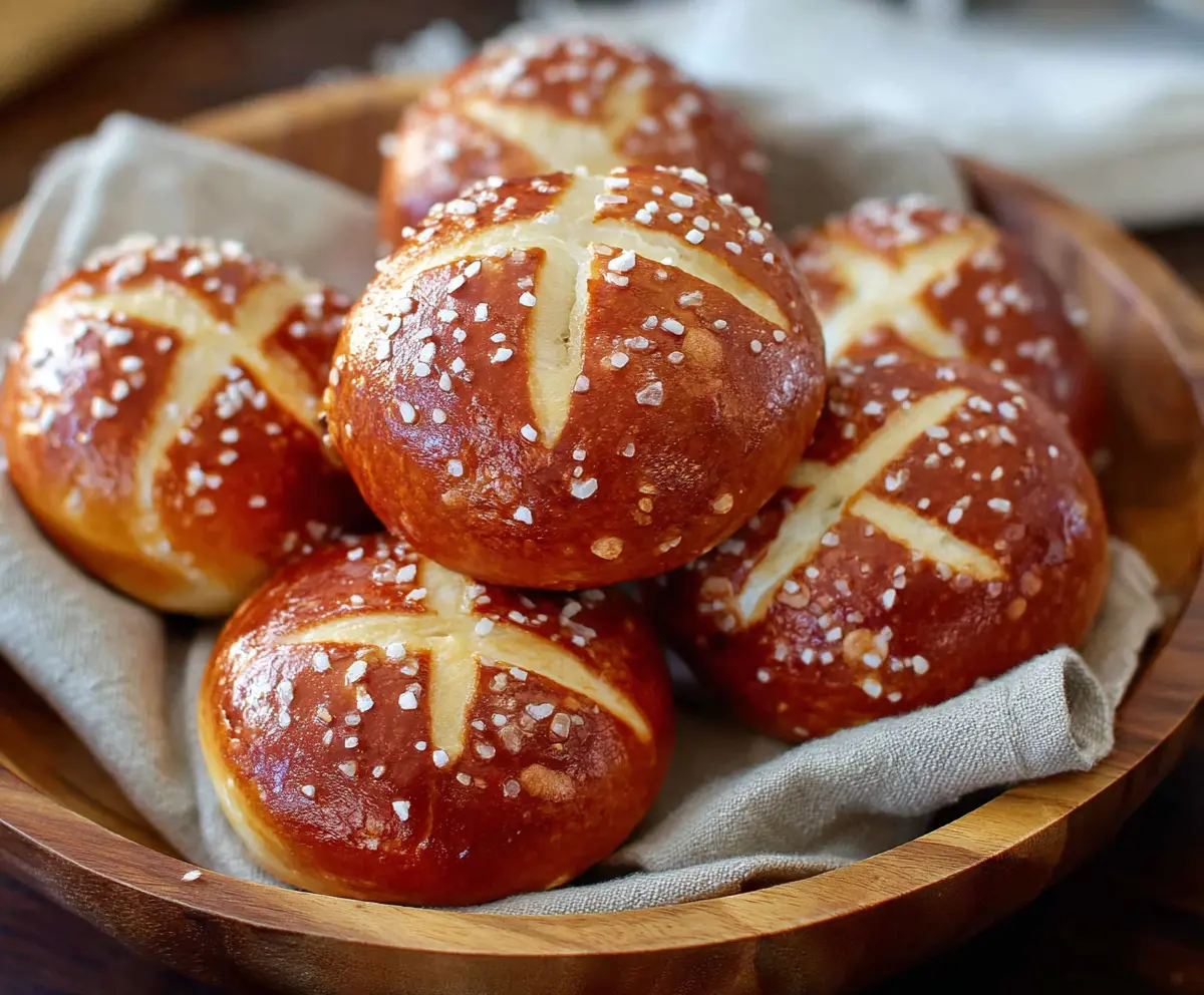 Freshly baked soft pretzel buns on a baking tray, golden brown and perfect for sandwiches or snacks.