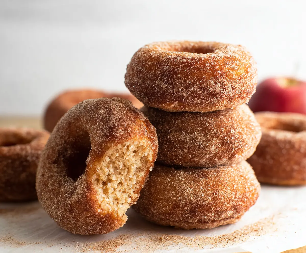 Delicious sourdough apple cider donuts on a plate, golden brown and dusted with powdered sugar