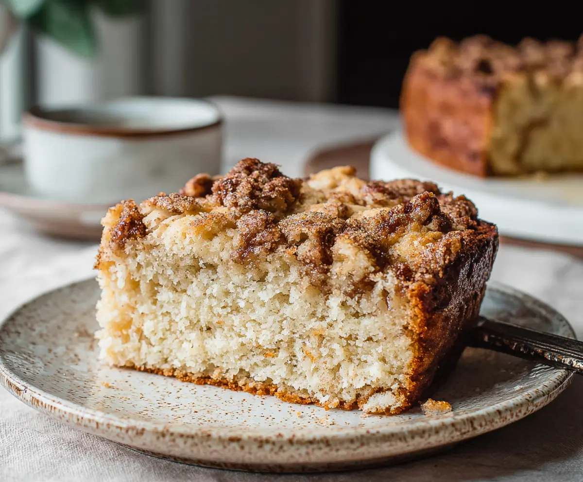 Delicious sourdough breakfast cake topped with fresh fruit and powdered sugar.