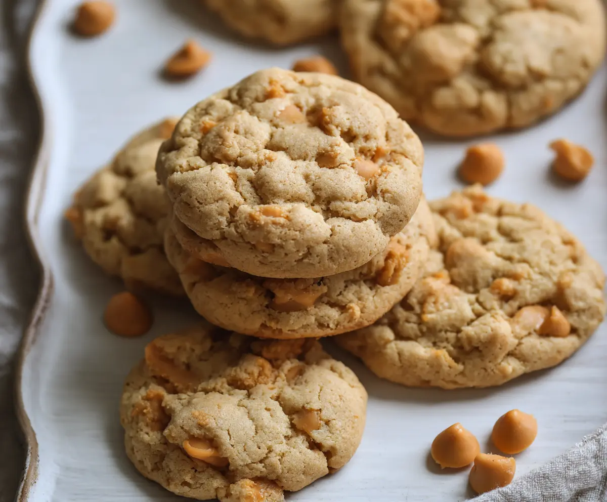Golden Sourdough Butterscotch Cookies fresh out of the oven, showcasing gooey butterscotch chips and a crispy crust.