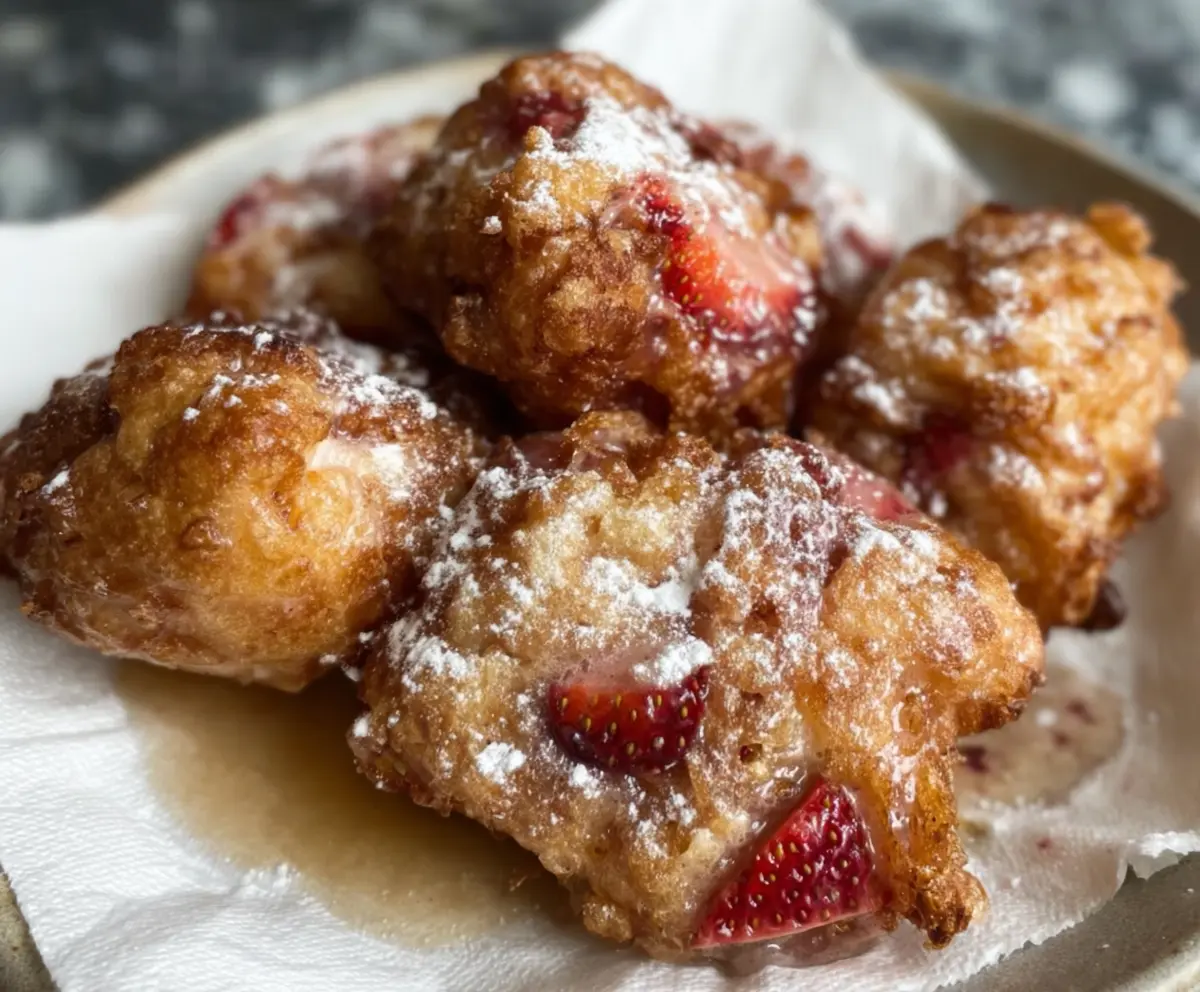 Delicious sourdough discard strawberry fritters served on a plate with powdered sugar.