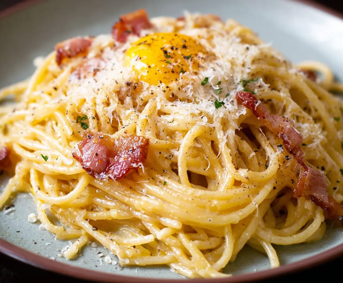 Delicious Spaghetti Alla Carbonara topped with crispy pancetta and grated Parmesan cheese.