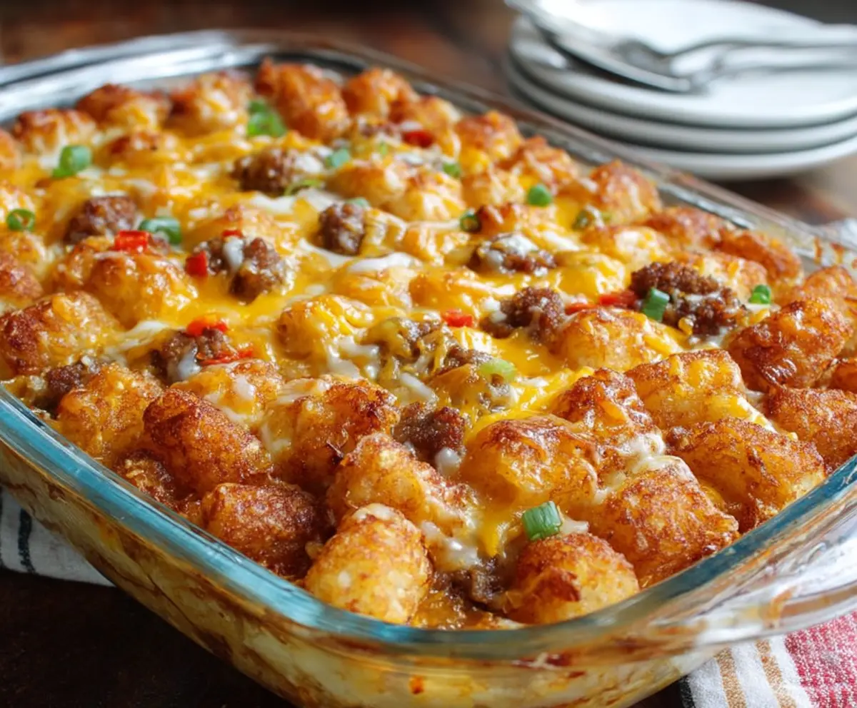 Delicious Tater Tot Sausage Breakfast Casserole with melted cheese and crispy tots served on a plate.