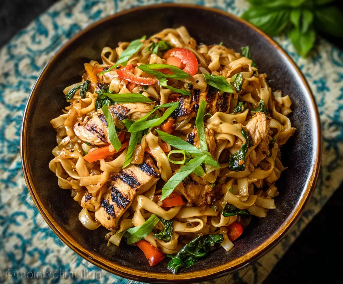 Delicious Thai Basil Chicken Noodles served in a bowl, garnished with fresh basil and vegetables.