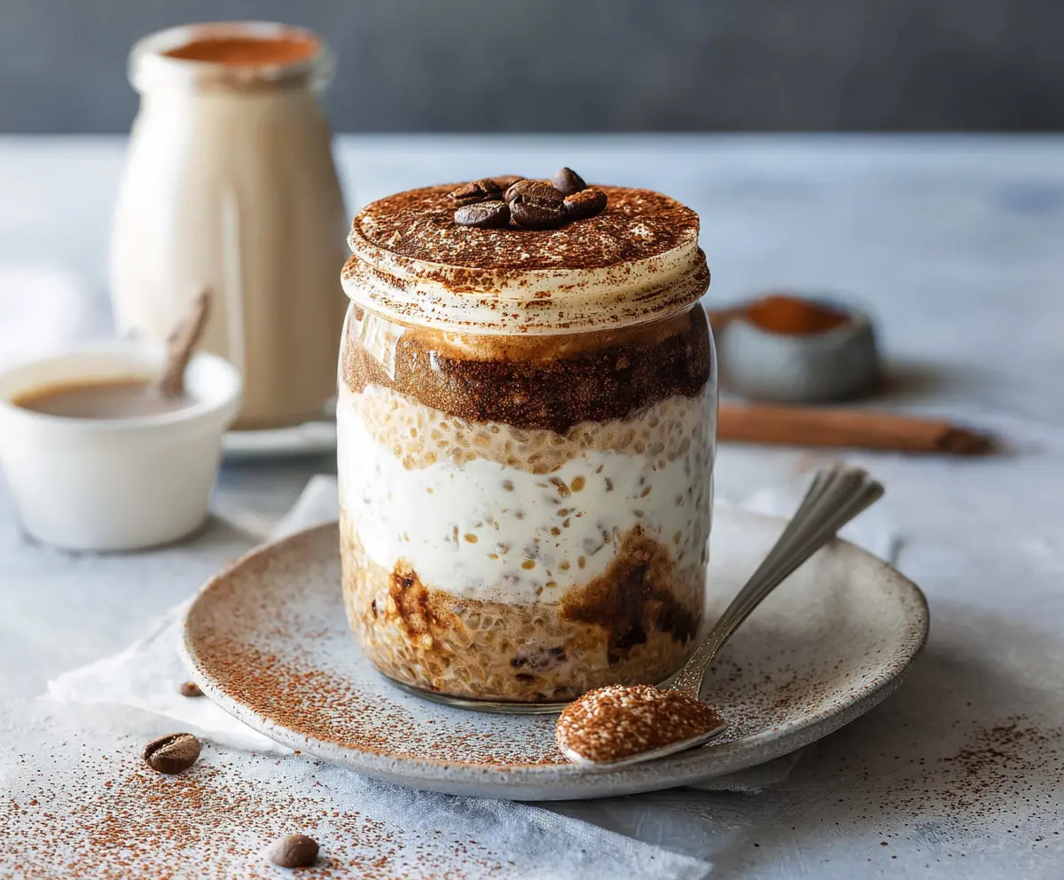 Creamy Tiramisu Overnight Oats topped with cocoa powder and mascarpone for a delightful breakfast.