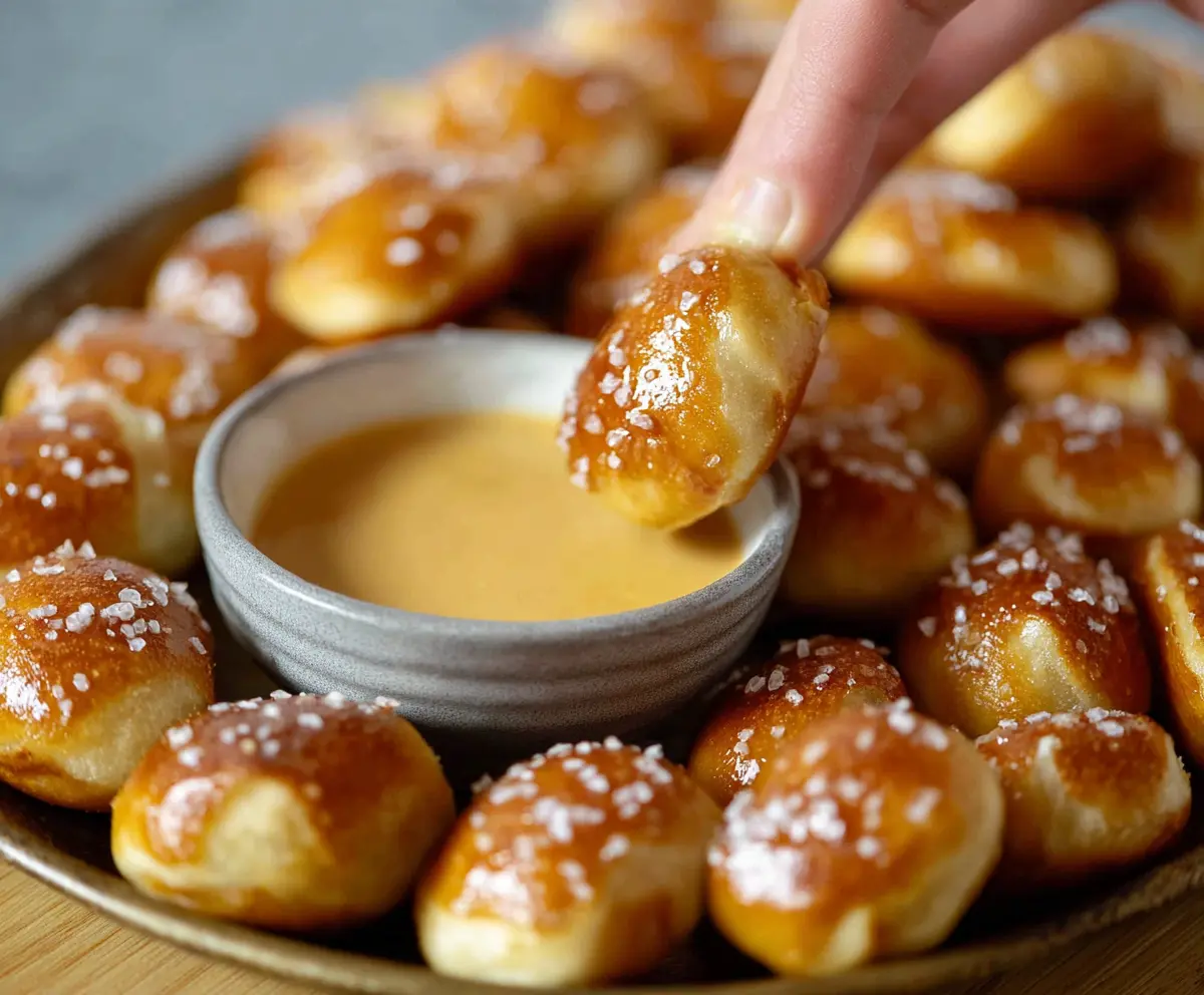 Golden brown two-ingredient dough pretzel bites with coarse salt on top, served as a tasty snack.