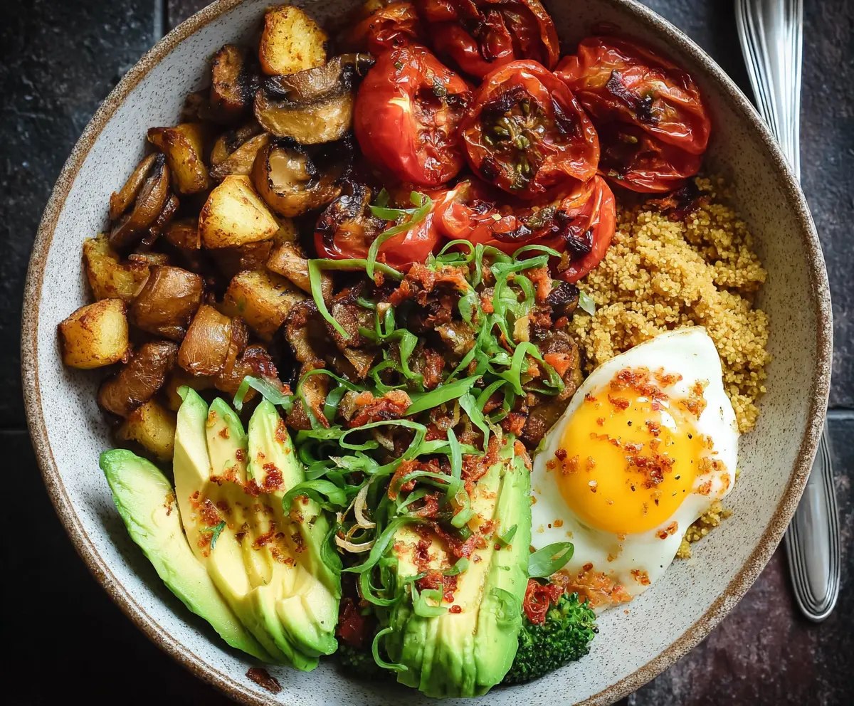 Colorful veggie breakfast bowl with fresh vegetables, eggs, and grains for a healthy start to your day.