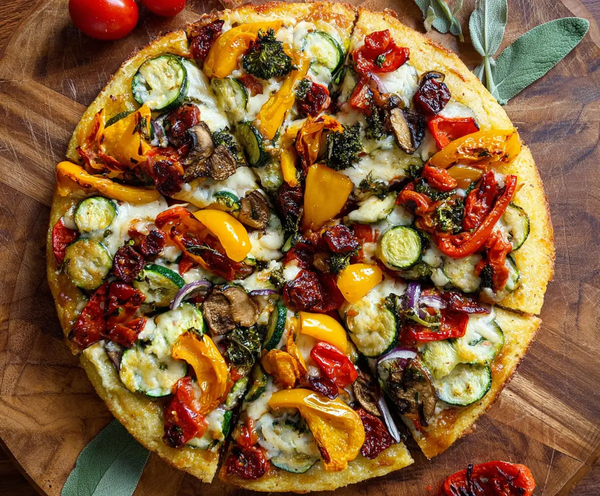 Close-up of a colorful veggie pizza topped with fresh vegetables and melted cheese