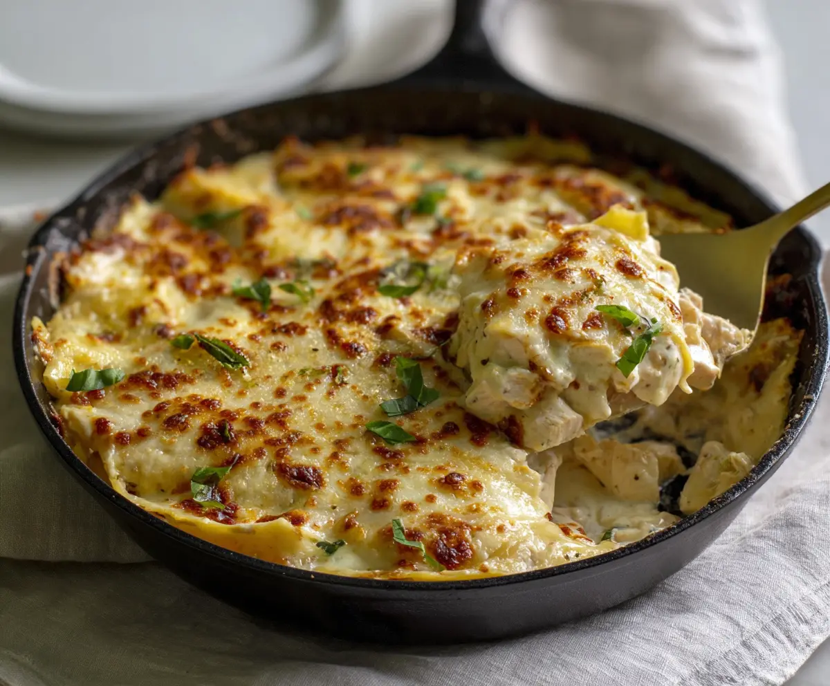 Delicious white chicken skillet lasagna with creamy sauce and melted cheese in a skillet dish.