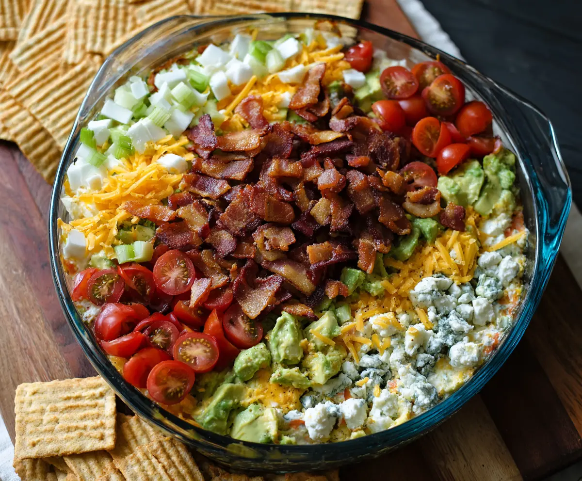 Delicious 7 Layer Cobb Salad Dip with colorful ingredients and fresh toppings.