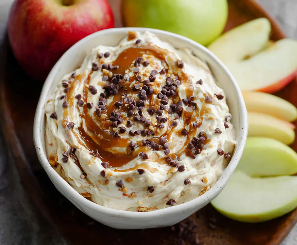 Delicious Apple Toffee Dip served with fresh apple slices and caramel topping.