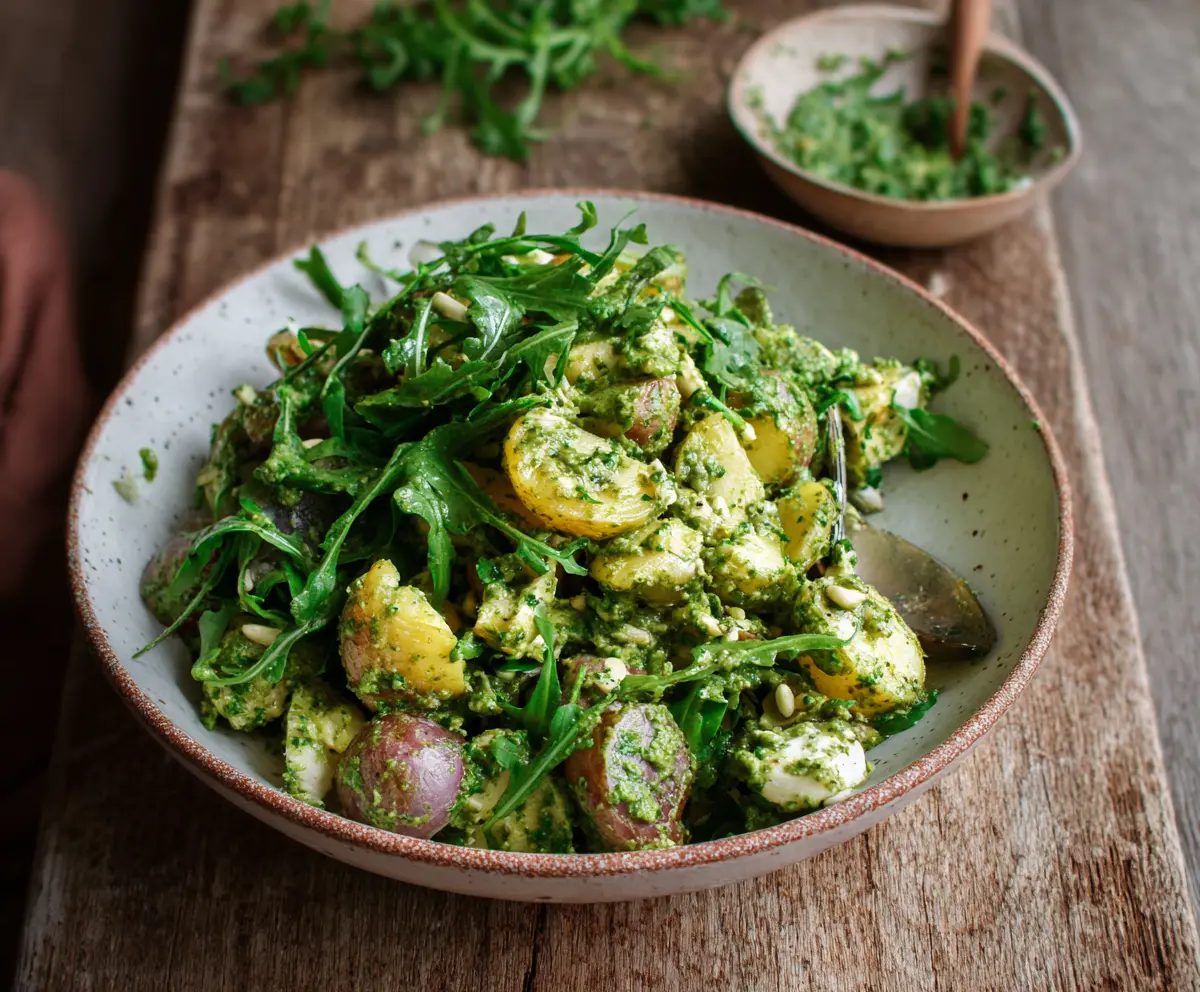 Fresh arugula pesto potato salad served in a bowl, highlighting vibrant green colors and creamy texture.