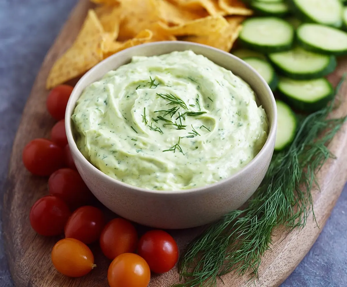 Creamy avocado ranch dip with fresh herbs and a smooth texture, perfect for snacks and parties.